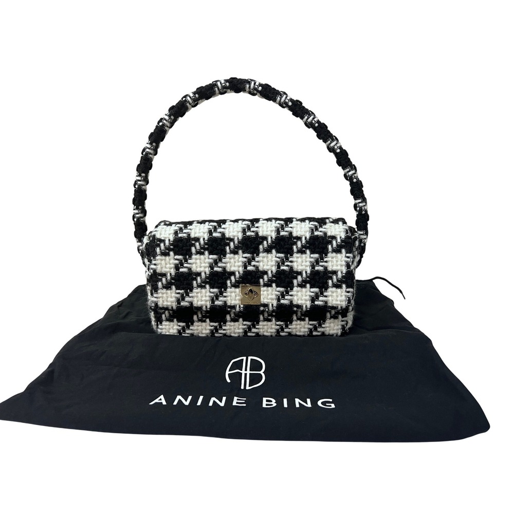 Anine Bing Colette Bag Women OS Black White Excellent Houndstooth Wool Shoulder